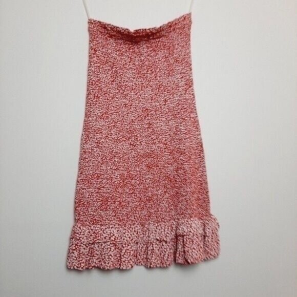 AEO | Smocked Tube Short Dress Red & White Ditsy Floral Mini Ruffle Hem Sz S - Picture 3 of 10